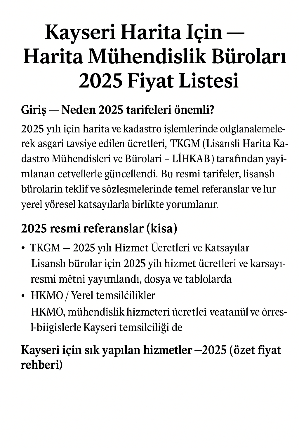 Harita Mühendislik Büroları 2025 Fiyat Listesi